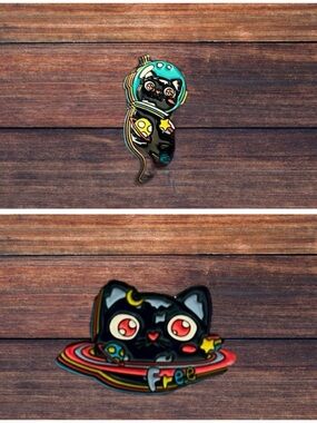 Set of 2 Black Space Cat Saturn and Astronaut lapel pins